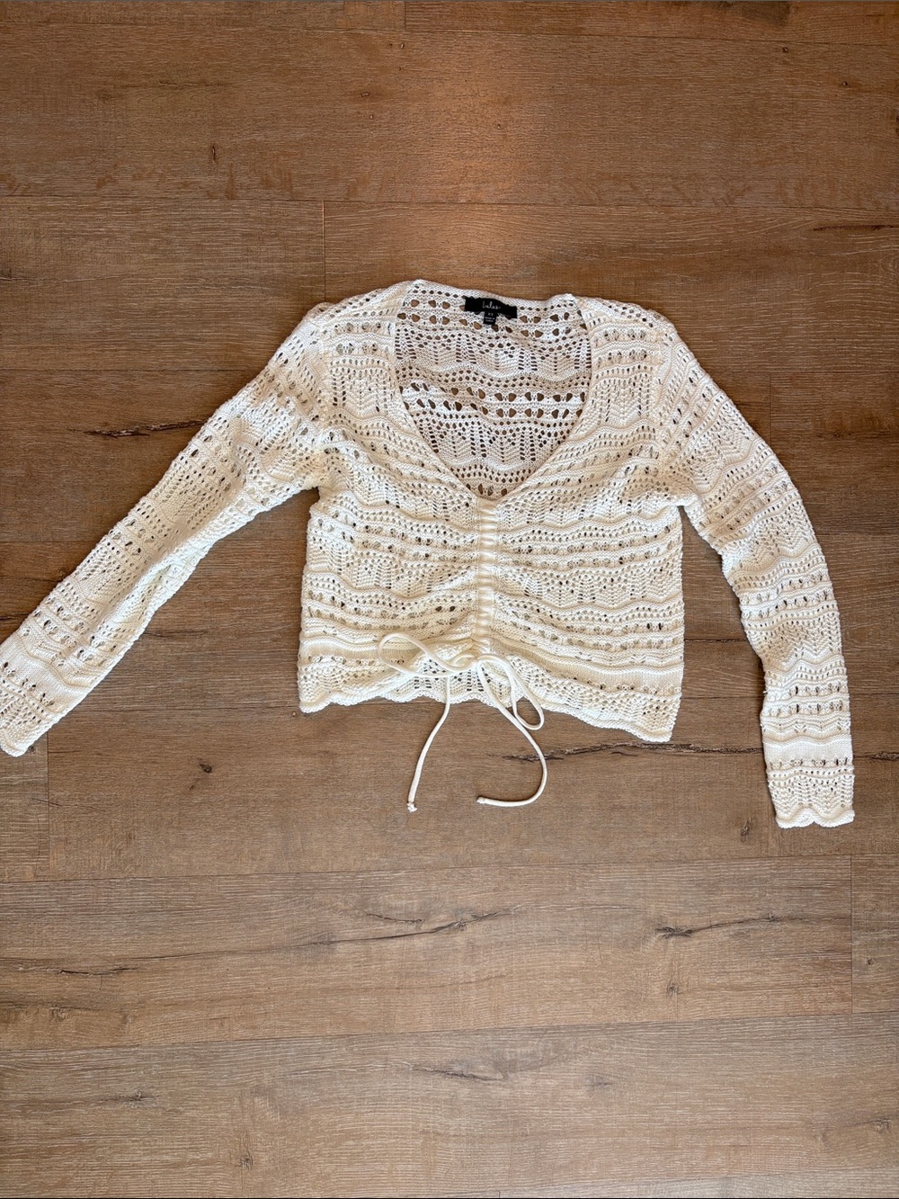 Lulu’s Crochet Drawstring V-Neck Long Sleeve Top - White